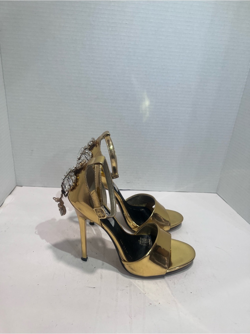 Gold Metallic Jeweled Ankle-Strap High Heel Sandals